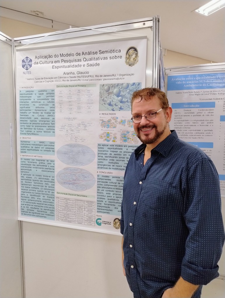 Professor Glaucio Aranha beside an academic poster on the Semiotic Analysis of Culture Model (MASC).