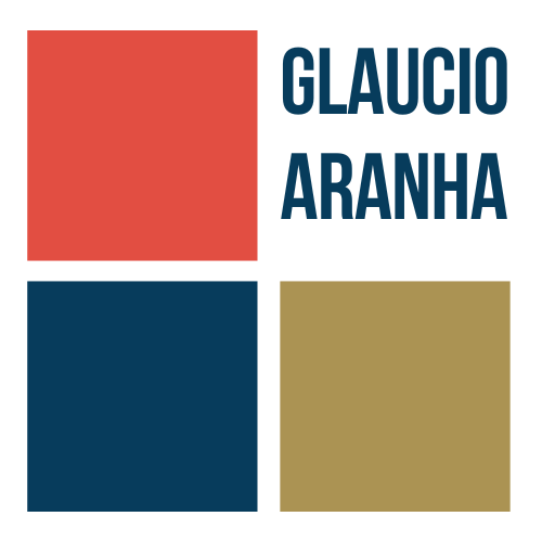 Marca visual de Gláucio Aranha, composta por quatro blocos nas cores coral, azul escuro, dourado e branco, com o nome Gláucio Aranha.
